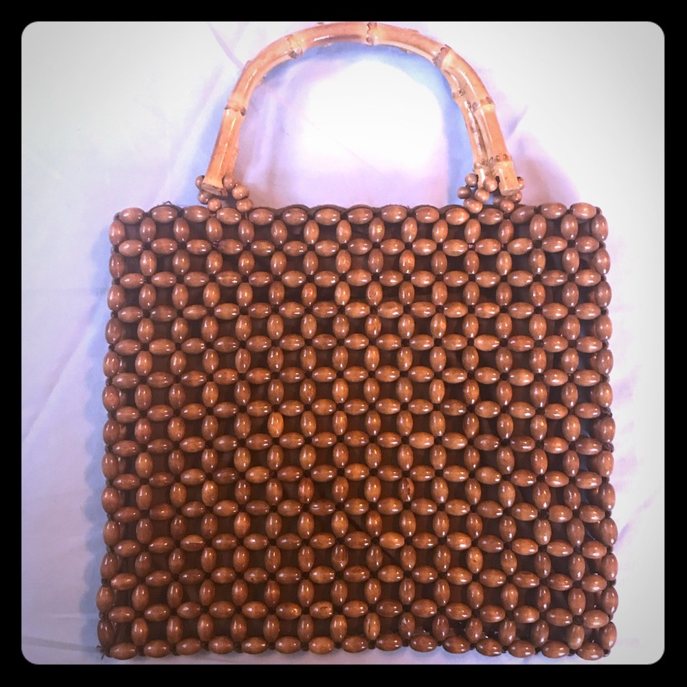 Wood beaded purse w/ bamboo handles